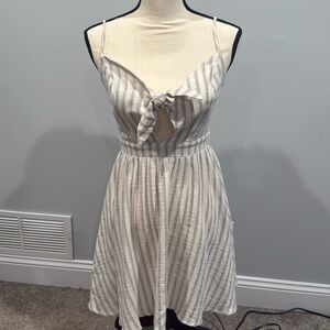 &Merci Cream and Gray Striped Short Mini Dress with Spaghetti Strap & Bow Size S